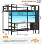 DICTAC Full Over Twin Bunk Bed with Desk and Charging Station Metal Full Over Twin Size Bunk Bed with Led Lights,Storage Shelves and Drawers,Bunk Beds for Teen/Adult with Safety Guard & Stairs,Black
