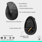 Logitech Wave Keys & Lift Vertical Mouse - Ergonomic Wireless Keyboard and Mouse Combo - with Cushioned Palm Rest, Easy-Switch, Bluetooth, for Multi-OS, Windows/Mac - Graphite