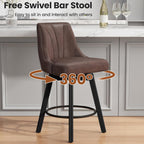Counter Height Swivel Bar Stool, 24" Upholstered PU Leather Barstools Set of 4, Counter Stool Chair with Back & Solid Wood Legs for Kitchen Island Dining Room (Brown)