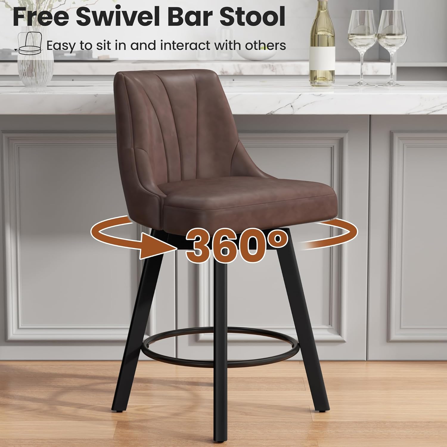 Counter Height Swivel Bar Stool, 24" Upholstered PU Leather Barstools Set of 4, Counter Stool Chair with Back & Solid Wood Legs for Kitchen Island Dining Room (Brown)