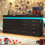 16 Drawer Dresser with LED Light and Charging Station, Modern Chest of Drawers for Closet, Wide Drawer Organizer Cabinet, Living Room, Entryway, Hallway, Black