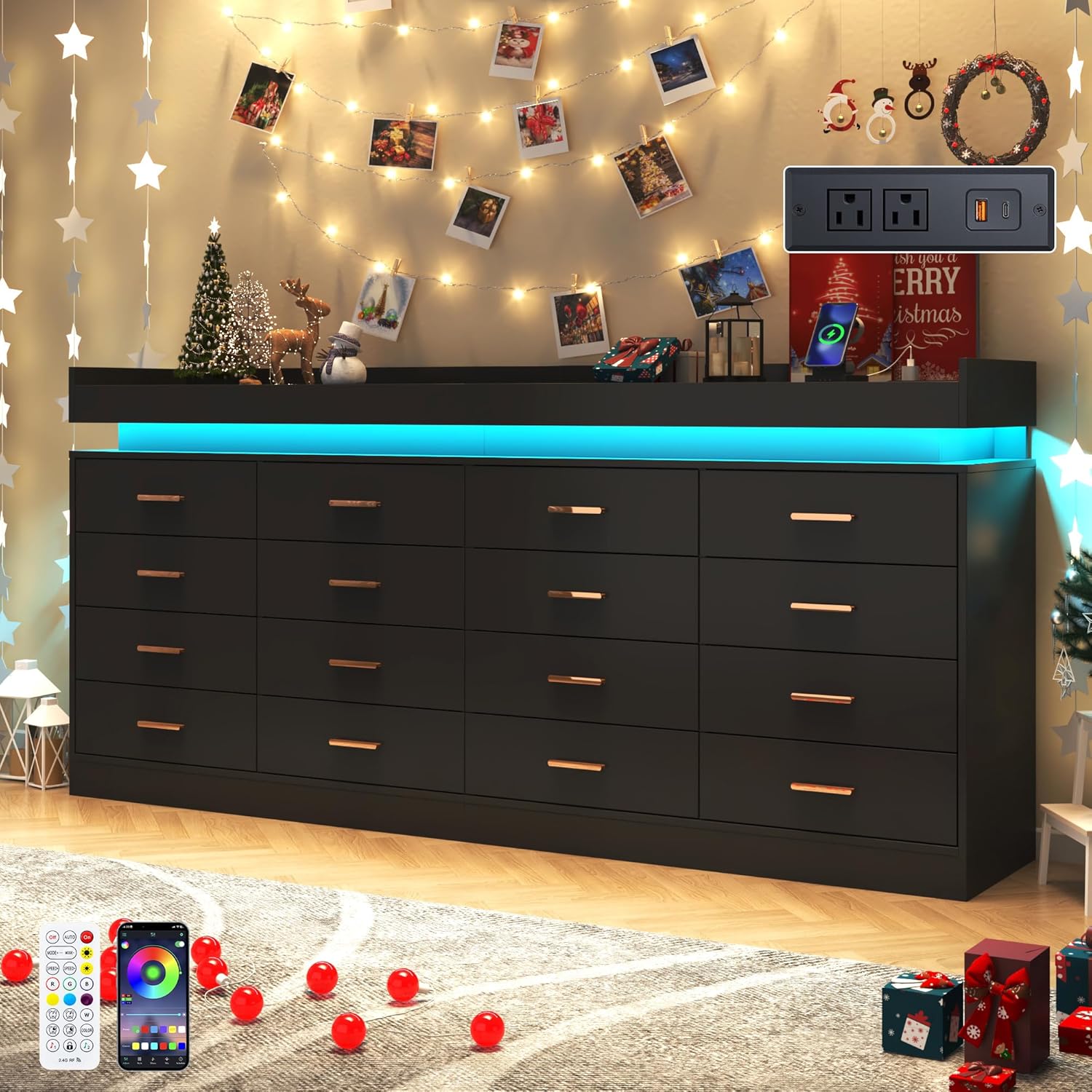 16 Drawer Dresser with LED Light and Charging Station, Modern Chest of Drawers for Closet, Wide Drawer Organizer Cabinet, Living Room, Entryway, Hallway, Black