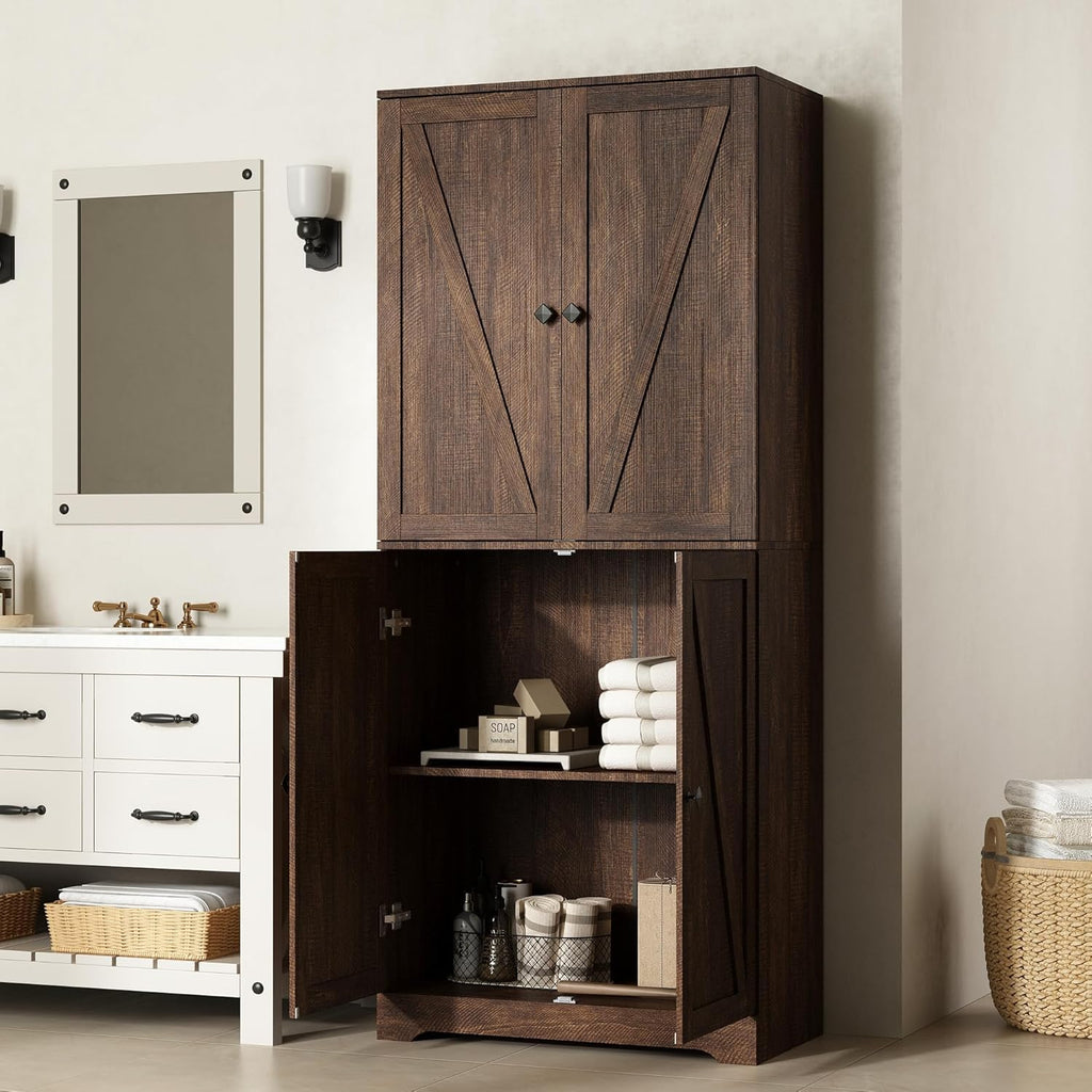 Kitchen Pantry Cabinet Set of 3, 72” Tall Farmhouse Storage Cabinet with 4 Barn Doors and Adjustable Shelves, Pantry Cabinet Versatile Storage for Kitchen, Living Room, Brown
