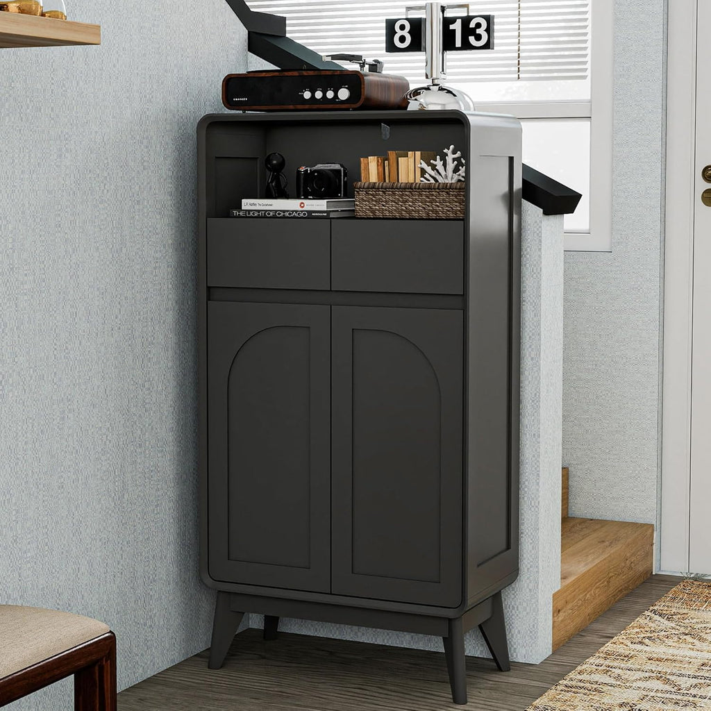 Bathroom Storage Cabinet, Tall Kitchen Storage Cabinet with Drawers and Shelves, Corner Coffee Bar Table Freestanding Sideboard for Living Room, Entryway, Black