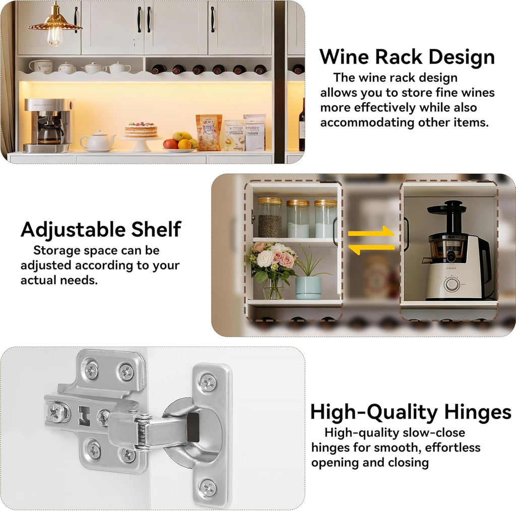 72" Tall Kitchen Pantry Cabinet with Charging Station 55" Wide Kitchen Hutch Cabinet with LED Light and Countertop Large Kitchen Pantry Storage Cabinet With Adjustable Shelves and Wine Rack