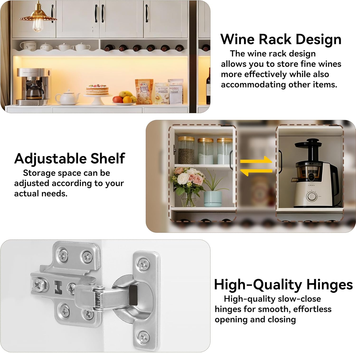 72" Tall Kitchen Pantry Cabinet with Charging Station 55" Wide Kitchen Hutch Cabinet with LED Light and Countertop Large Kitchen Pantry Storage Cabinet With Adjustable Shelves and Wine Rack