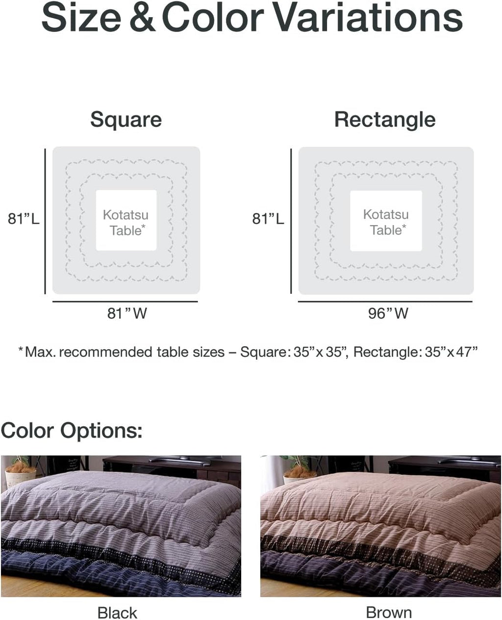 FULI Japanese Kotatsu Blanket, Warm Quilted Kotatsu Futon Comforter, 100% Cotton Top, Made in Japan, 81x96 in / 205x245 cm Rectangle (Black)