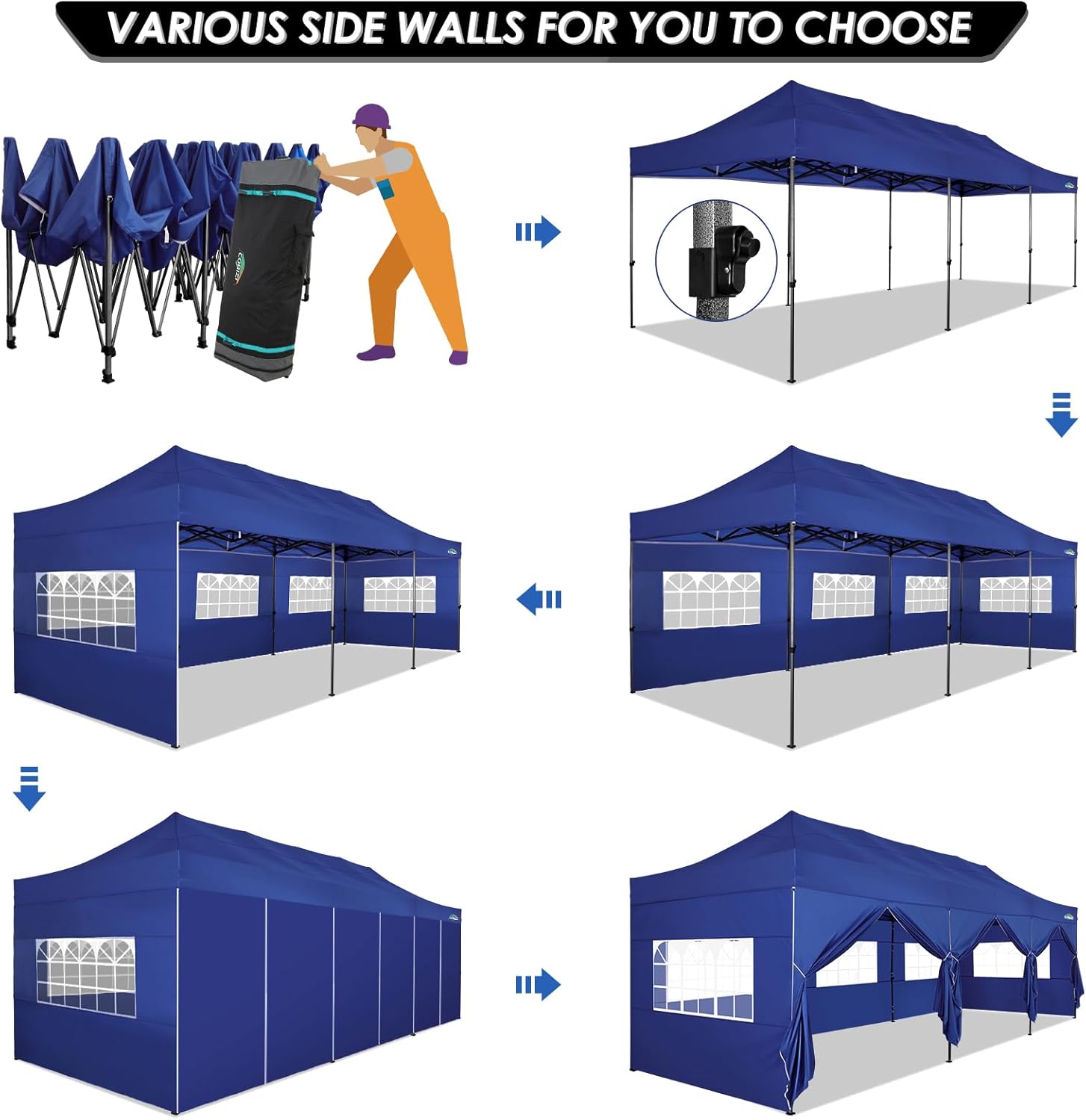 COBIZI 10x30 Pop up Canopy Tent 10x30 Canopy with Sidewalls  Heavy Duty Party Tent Tents for Parties  Foldable UPF 50+ Waterproof Commercial Easy up Canopy with Roller Bag  Navy Blue(Windproof)