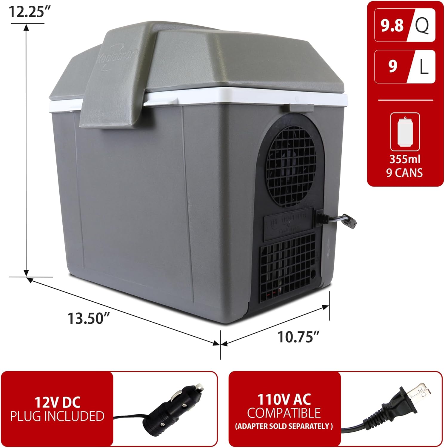 Koolatron Electric Portable Cooler Plug in 12V Car Cooler/Warmer 9.8 qt (9 L), No Ice Thermo Electric portable Fridge for camping, Travel Road Trips Trucking with 12 Volt DC Power Cord, Gray/White.