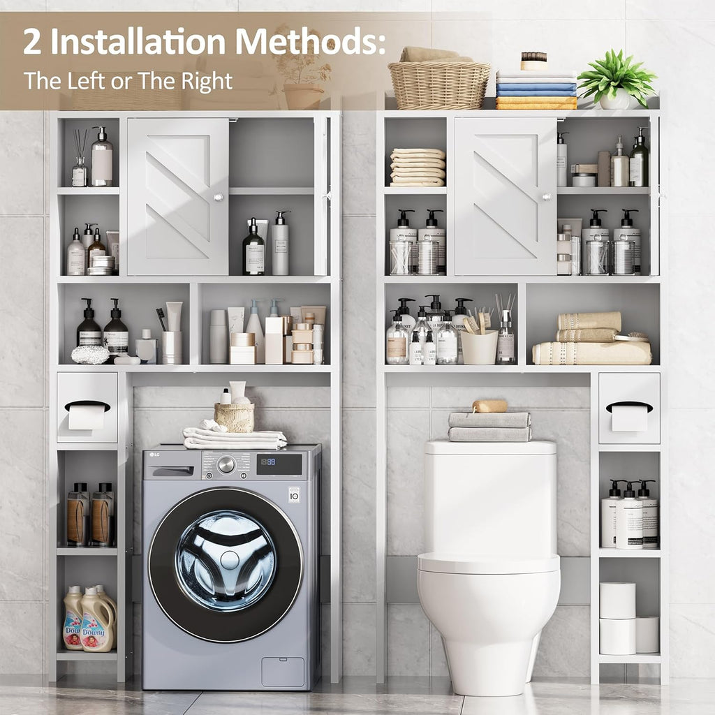 Meilocar Over the Toilet Storage Cabinet, Freestanding Storage Cabinet Over Toilet, Bathroom Storages Organizer Cabinets with Toilet Paper Holder Stand and Adjustable Shelf, White