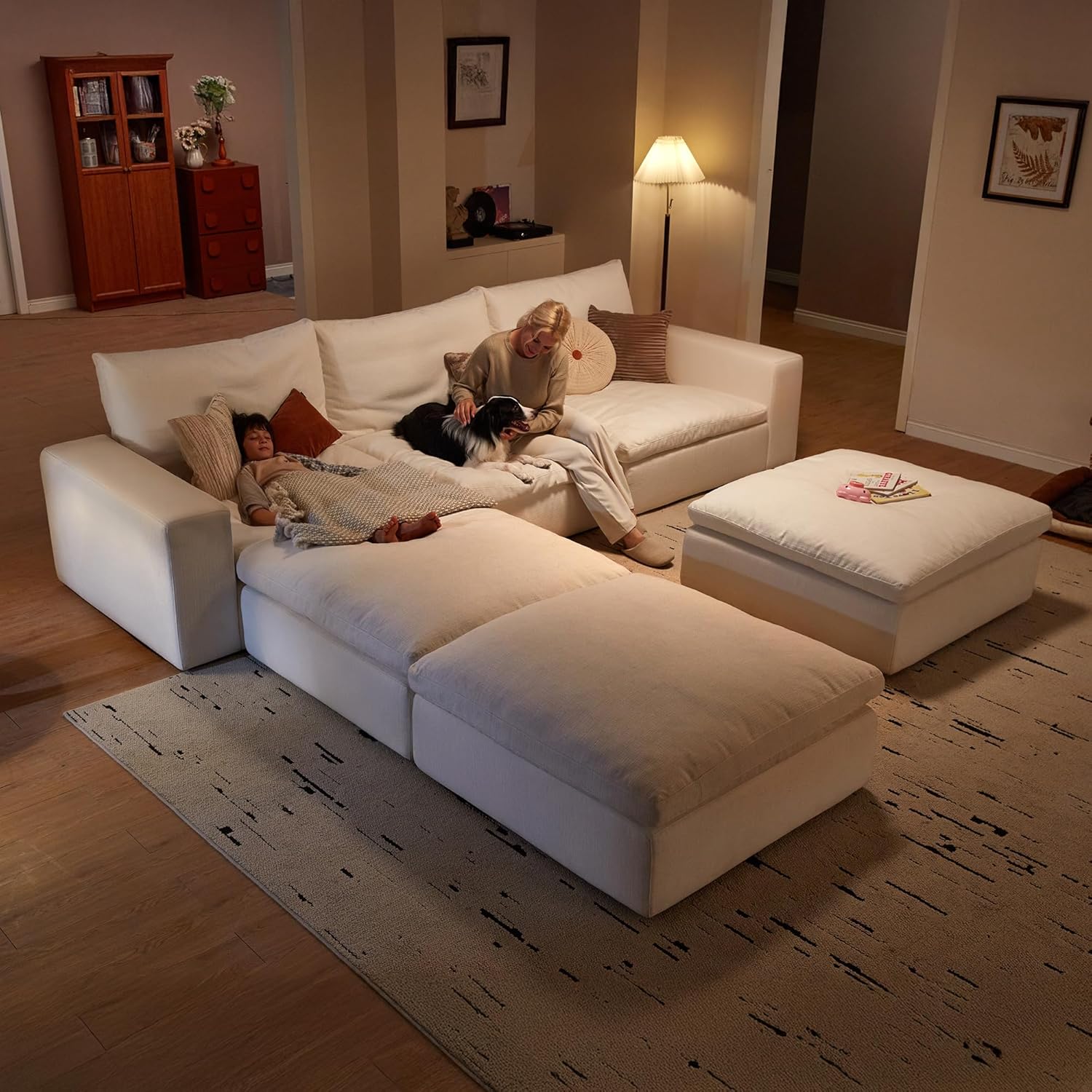 Cloud Couch Sectional 113.8'' Oversized Modular Deep Seat Sofa L Shaped Comfy White Cloud Couch with Washable Cover for Living Room 3 Seater with 1 Ottoman