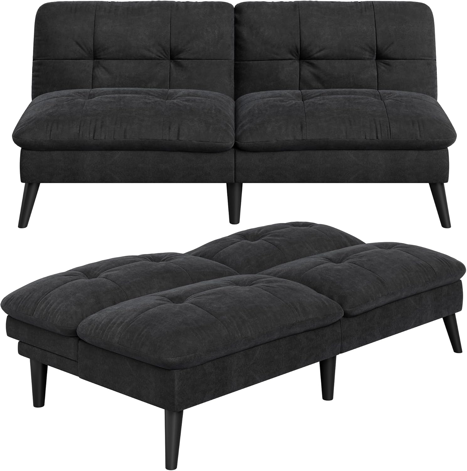 Vongrasig Futon Sofa Bed Velvet Futon Couch with Adjustable Backrest, Small Convertible Folding Sleeper Sofa Bed, Modern Loveseat for Living Room, Bedroom and Small Space, Black