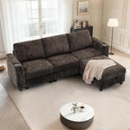 87" Chenille 3 Seater Couch with Soft Ottoman, L-Shape Sectional Sofa with Durable Cup Holders, Upholstered Sofa with Comfy Backrests for Living Room, House, Brown