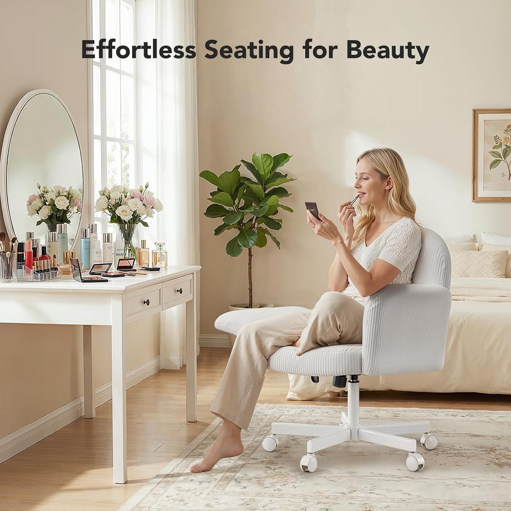 HUANUO Vanity Chair with 6-Position Adjustable Armrests, Criss Cross Chair with Wide Cushion, Soft Corduroy Fabric, 90°-105° Recline, Pet-Friendly, Perfect for Makeup Bedroom, Home Office, White