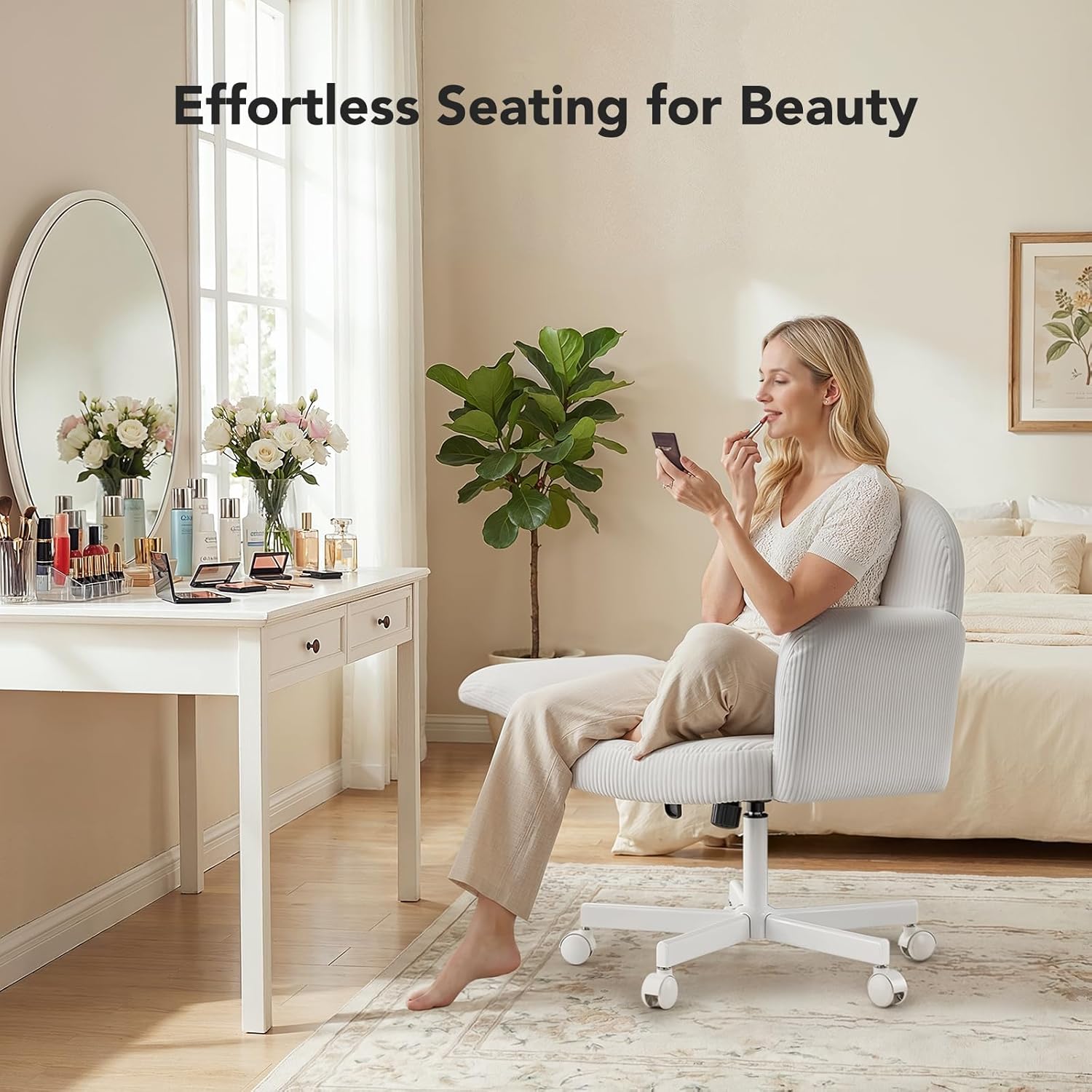 HUANUO Vanity Chair with 6-Position Adjustable Armrests, Criss Cross Chair with Wide Cushion, Soft Corduroy Fabric, 90°-105° Recline, Pet-Friendly, Perfect for Makeup Bedroom, Home Office, White