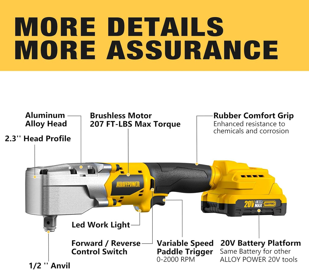 ALLOYPOWER 20V Brushless Right Angle Wrench, 207 Ft-lbs（280N.M）,1/2'' High Torque Cordless Power Tool with 2×2.0Ah Batteries, LED Light, 2-Speed Control, Compact 90° Design for Tight Spaces