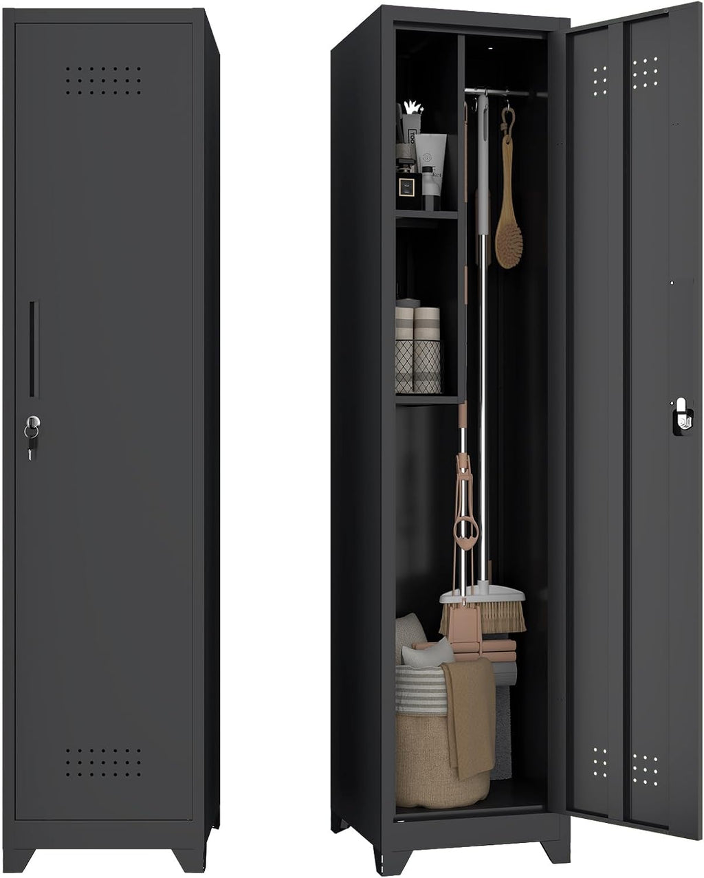 Metal Garage Storage Cabinet,Broom Closet Storage Cabinet,Utility Closet Cabinet for Garage,Office,Gym,Black