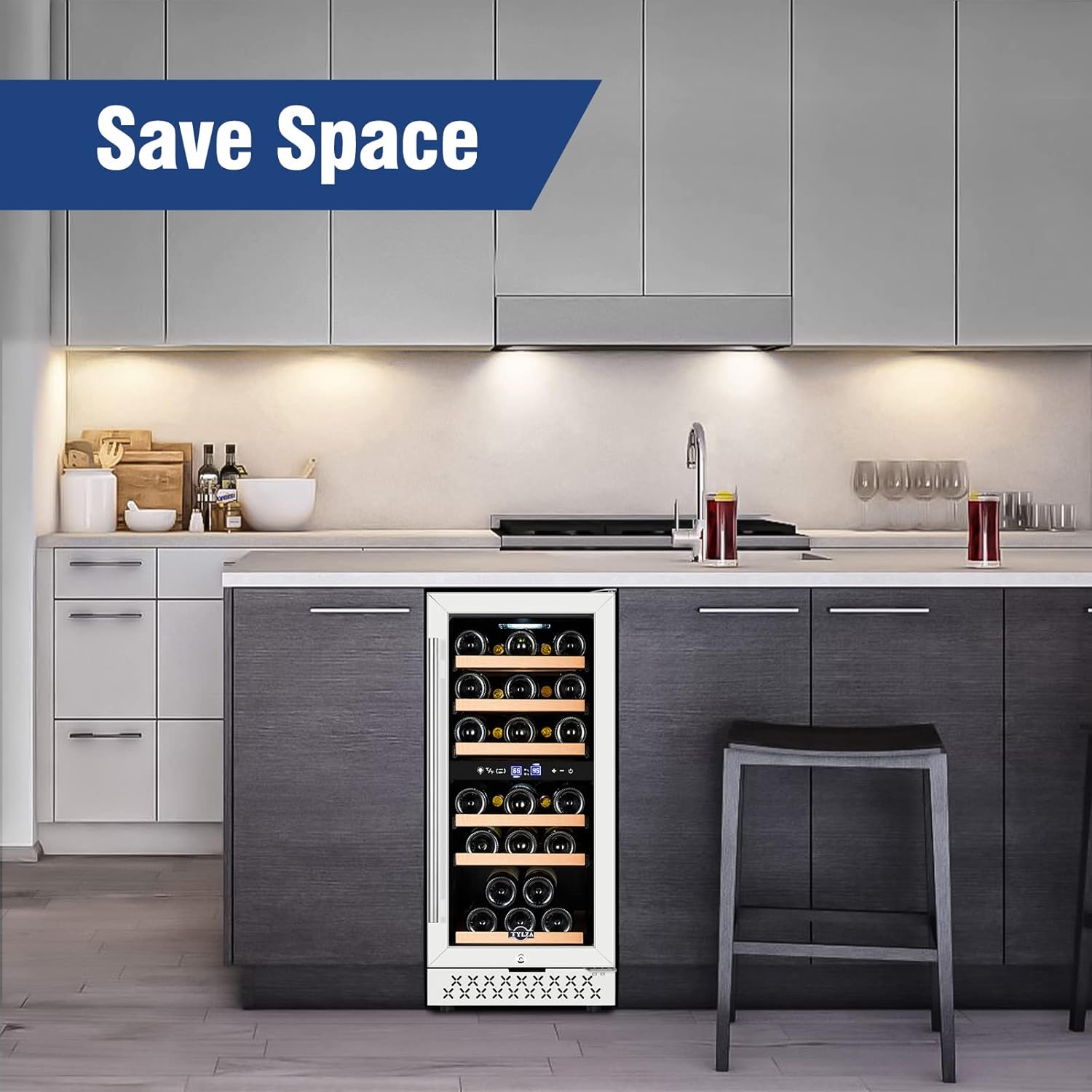 Tylza Mini Fridge 15 Inch Wine Cooler Under Counter, 30 Bottles Dual Zone Wine Fridge with Safty Lock, Wine Refrigerator Freestanding, Built-in Wine Cellars
