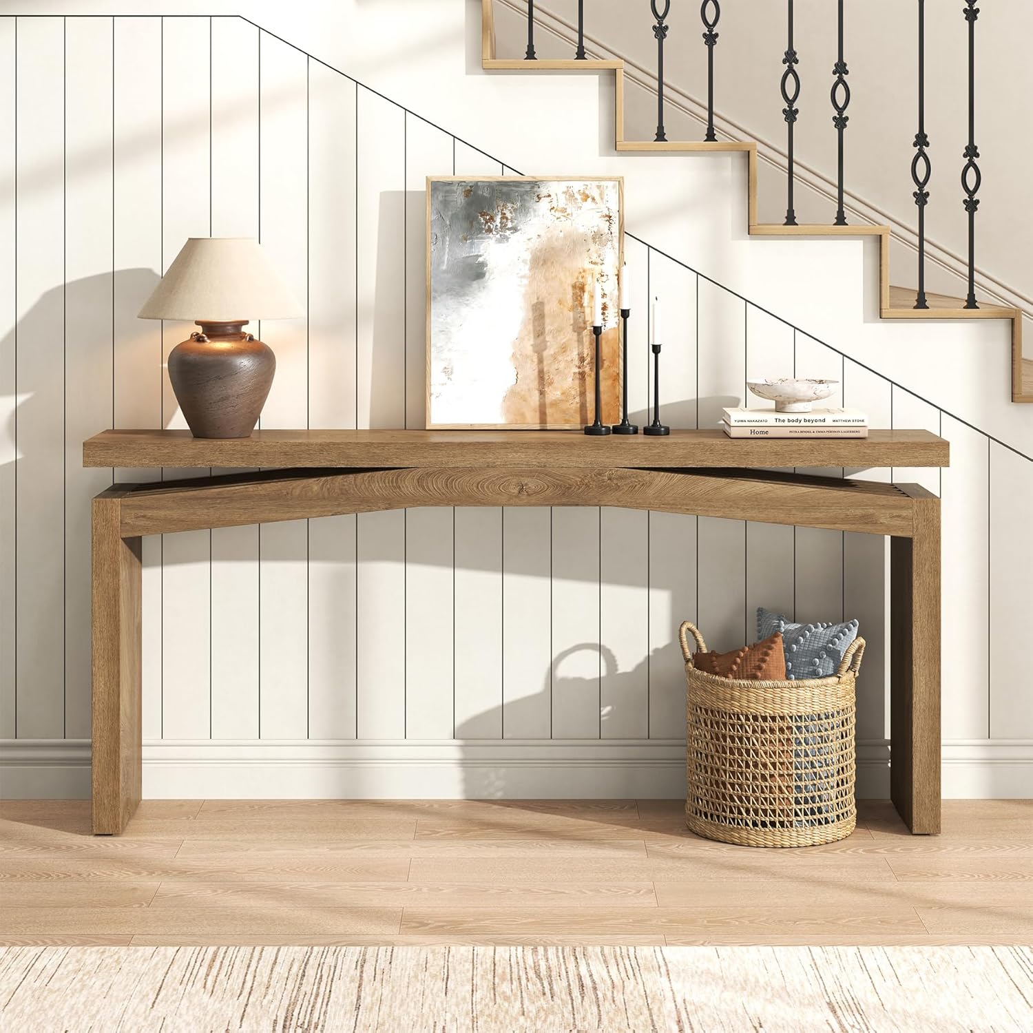 Console Table for Entryway Living Room, 63-Inch Wooden Rectangular Sofa Tables Narrow Long Behind Couch, Large Farmhouse Foyer Entrance Table for Home, Hallway, Apartment, Natural Brown