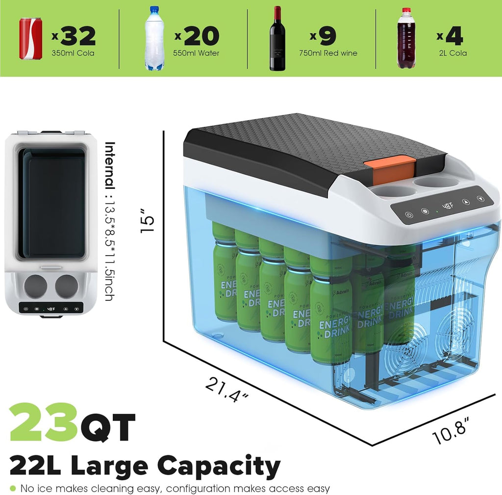 advwin 12 Volt Car Refrigerator 23Quart(22L) Electric Cooler/Warmer, Plug In Car Cooler with 110V AC Home Power Cord & 12V Car Adapter, Portable Refrigerator for Camping, Travel, RV(Black)