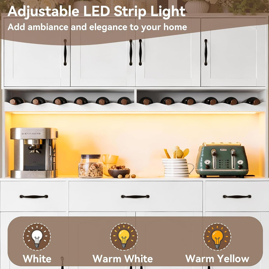 72" Tall Kitchen Pantry Cabinet with Charging Station 55" Wide Kitchen Hutch Cabinet with LED Light and Countertop Large Kitchen Pantry Storage Cabinet With Adjustable Shelves and Wine Rack