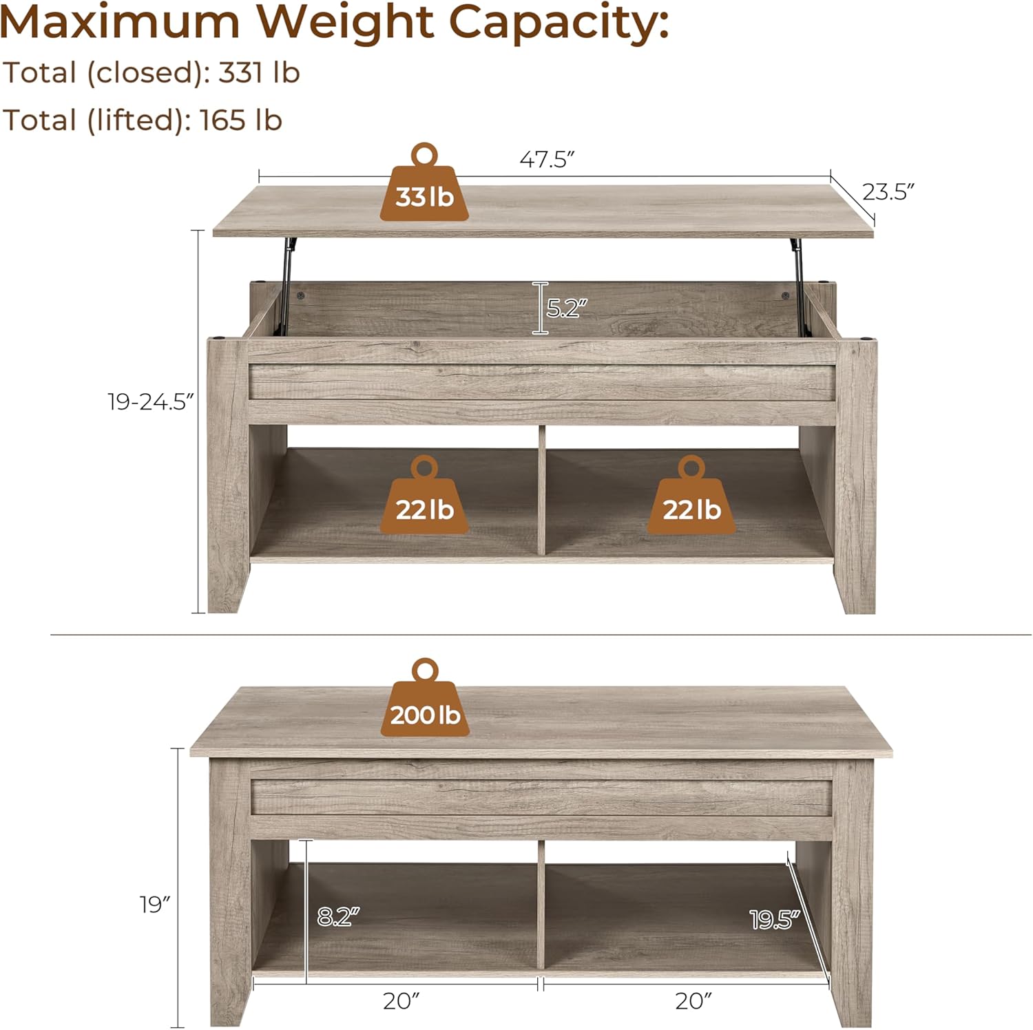 Yaheetech Lift Top Coffee Table with Hidden Storage Compartment & Lower Shelf, Lift Tabletop Farmhouse Table for Living Room Office Reception, 47.5in L, Gray