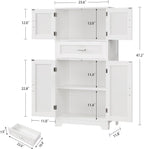 TEENFON Bathroom Storage Cabinet with Adjustable Shelf & Large Drawer, Tall Storage Cabinet with 4 Doors, Kitchen Pantry Storage Cabinets, for Living Room, Dining Room, Home Office, Entryway, White