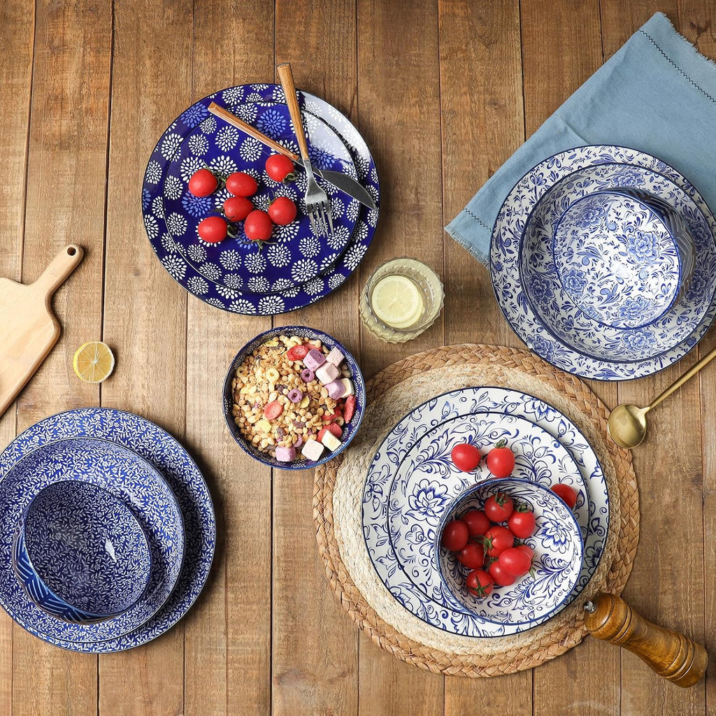 Selamica Dinnerware Sets 16 Piece, Ceramic Plates and Bowls Set, Embossed Dishes Set for 4, Housewarming, Dark Blue