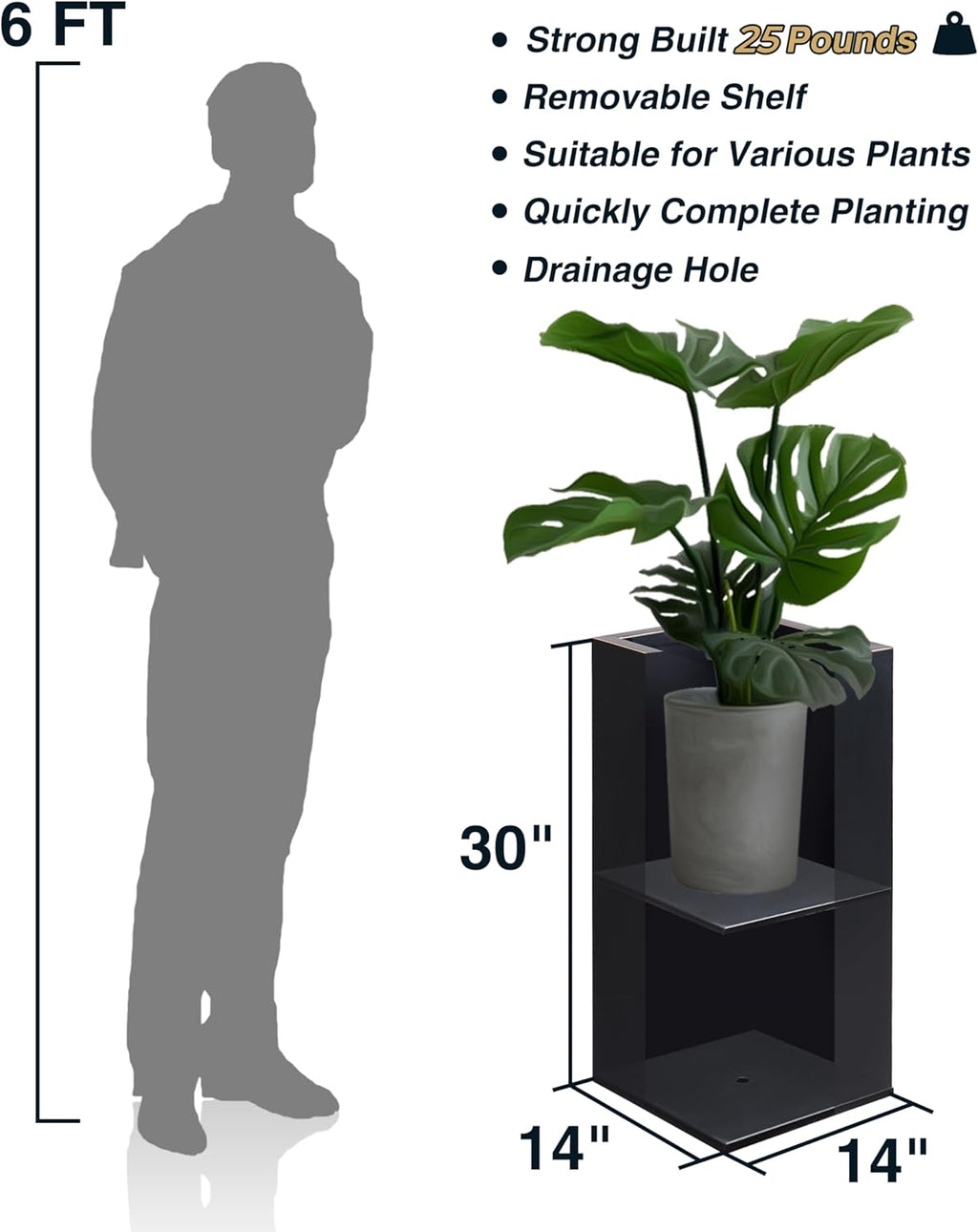 Wallowa Metallic Heavy Planter for Outdoor Plants  14Lx14Wx30H Inches  Tall Metal Planter Box with Hand Brushed Gold Edge for Outside & Indoor  25 Pounds  No Assembly and Seamless  Set of 2 (Black)