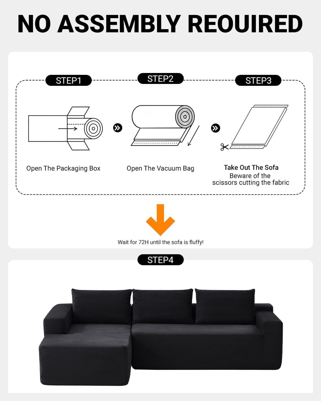 Cloud Couch Sectional, Modular L Shaped Boneless Sofa, Modern Corduroy Sectional Couch Comfy Deep Seat Cloud Sofa for Living Room, Bedroom, No Assembly (Black, Left Facing Chaise)