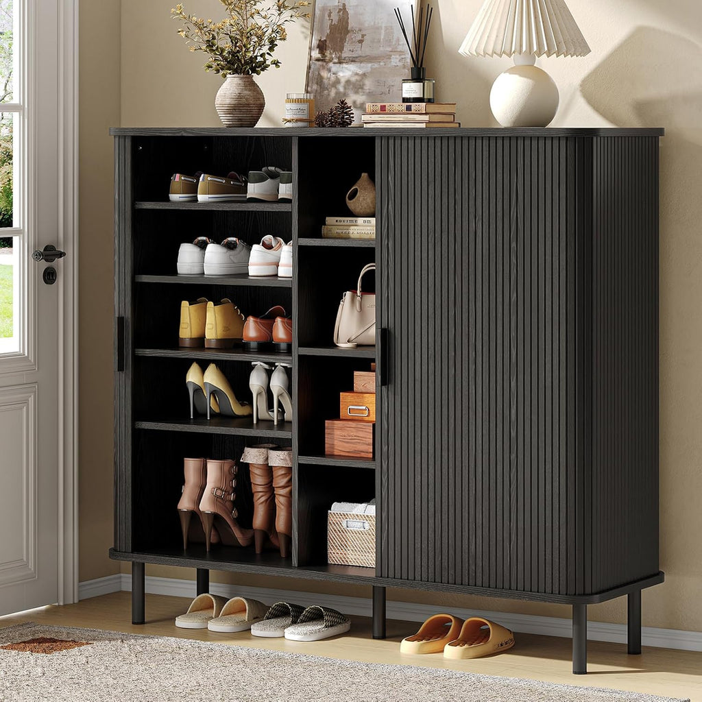 ONBRILL 43" Tall Fluted Shoe Cabinet with 8 Adjustable Shelves, Shoe Storage Cabinet with Sliding Door and 4 Open Shelves, Mid-Century Modern Shoe Organizer for Entryway, Hallway, Living Room, Black