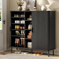 ONBRILL 43" Tall Fluted Shoe Cabinet with 8 Adjustable Shelves, Shoe Storage Cabinet with Sliding Door and 4 Open Shelves, Mid-Century Modern Shoe Organizer for Entryway, Hallway, Living Room, Black