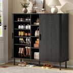 ONBRILL 43" Tall Fluted Shoe Cabinet with 8 Adjustable Shelves, Shoe Storage Cabinet with Sliding Door and 4 Open Shelves, Mid-Century Modern Shoe Organizer for Entryway, Hallway, Living Room, Black