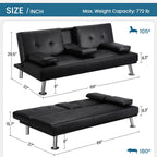 Yaheetech Convertible Sofa Bed Adjustable Couch Sleeper Modern Faux Leather Home Recliner Reversible Loveseat Folding Daybed Guest Bed, Removable Armrests, Cup Holders, 3 Angles, 772lb Capacity, Black