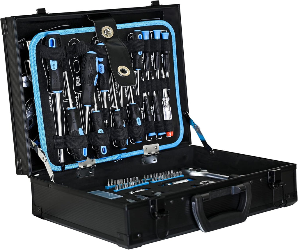 247 Piece Mechanics Tool Set, Premium Aluminum Tool Box with Tools Included, General Home Repair Tool Kit for Auto, House and DIY, 1/4 and 1/2 Drive Socket Wrench Kit, Blue
