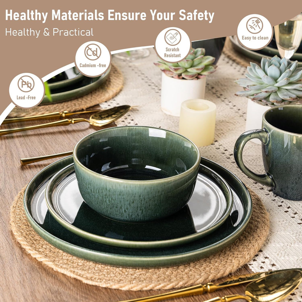 GBHOME Ceramic Dinnerware Sets for 4, 12 Pieces Stoneware Plates and Bowls Sets, Scratch Resistant Dishes, Dishwasher & Microwave Safe, Reactive Glaze-Earth Green