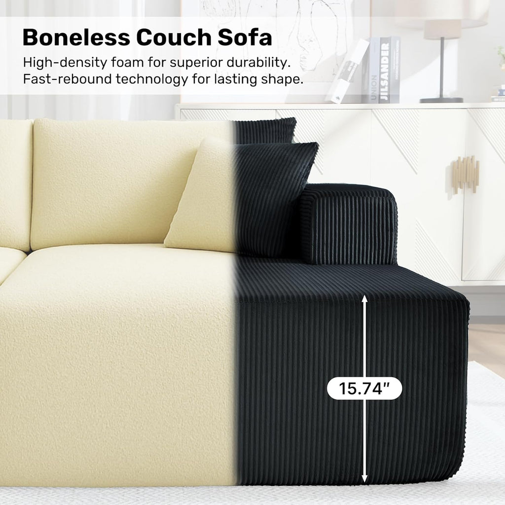 Modular Sectional Sofa,114" U-Shaped Boneless Sofa for Living Room,Oversized 3-Seater Deep Seat Cloud Couches,Corduroy Upholstered Corner Sofa Couch,No Assembly Required,Black