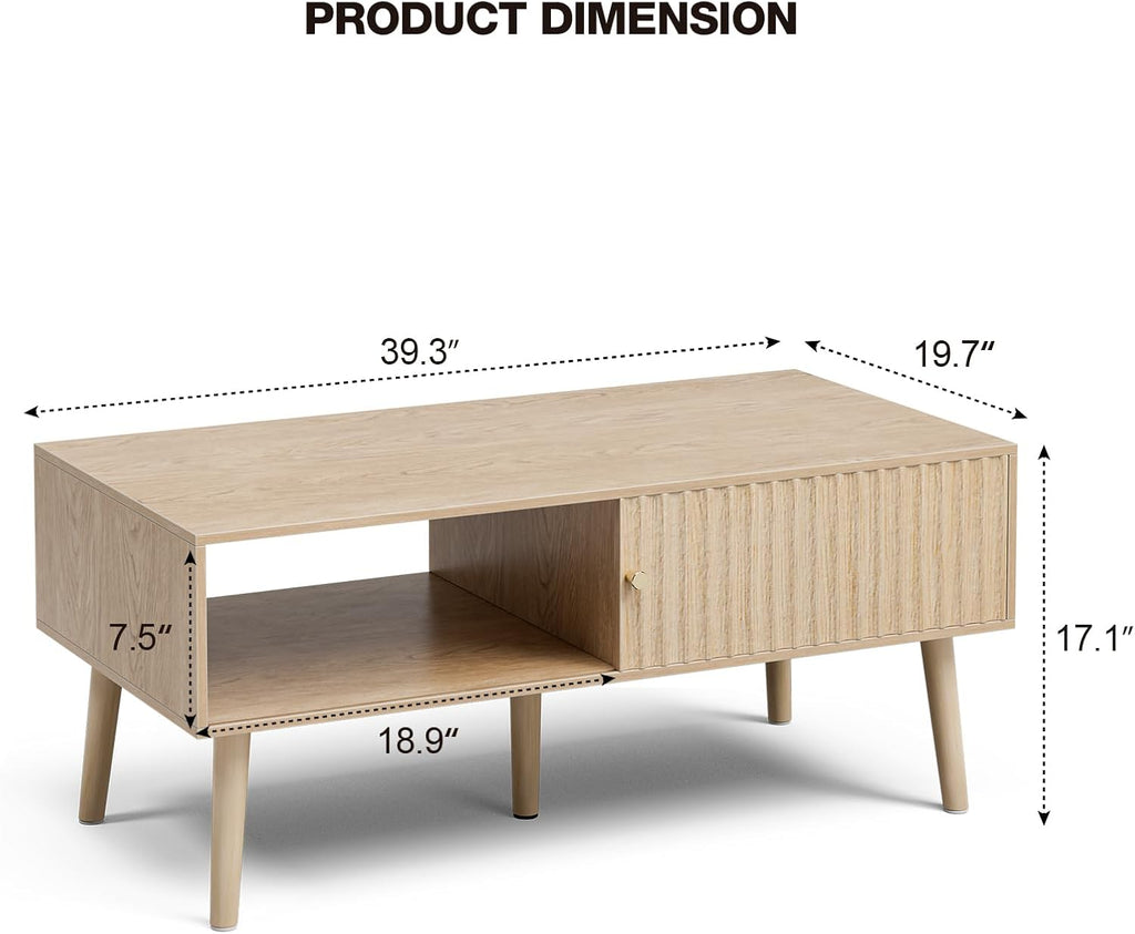 LCRBOL Coffee Table with Storage, Boho Dining Table with Sliding Fluted Door and Solid Wood Legs, Small Coffee Tables for Living Room, Oak