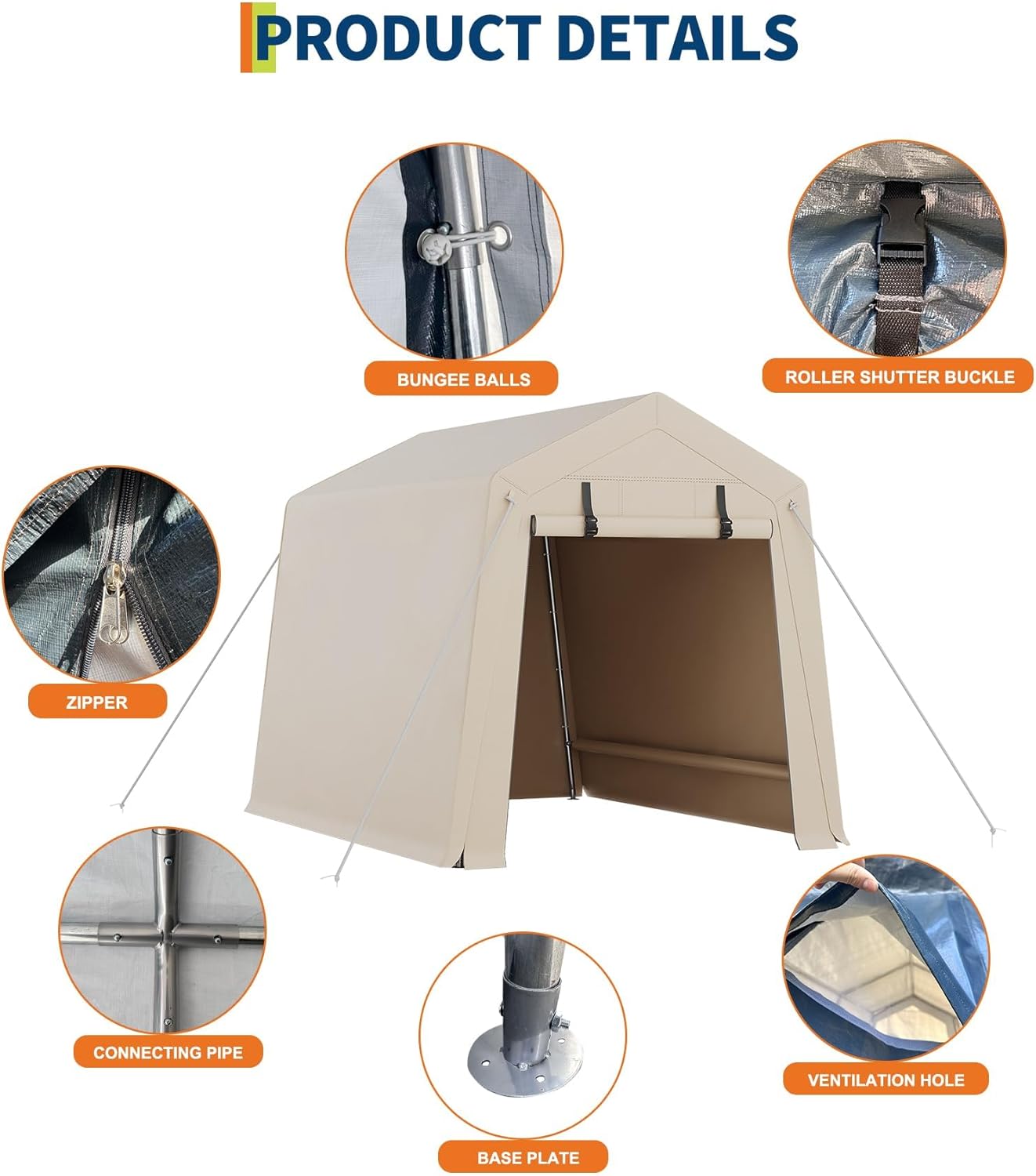 6 x 8 ft Bike Shed ATV Storage Tent Portable Storage Shed Outdoor Carport Tarp Sheds with Roll-Up Door for Motorcycle, Car, Garden Tools Khaki