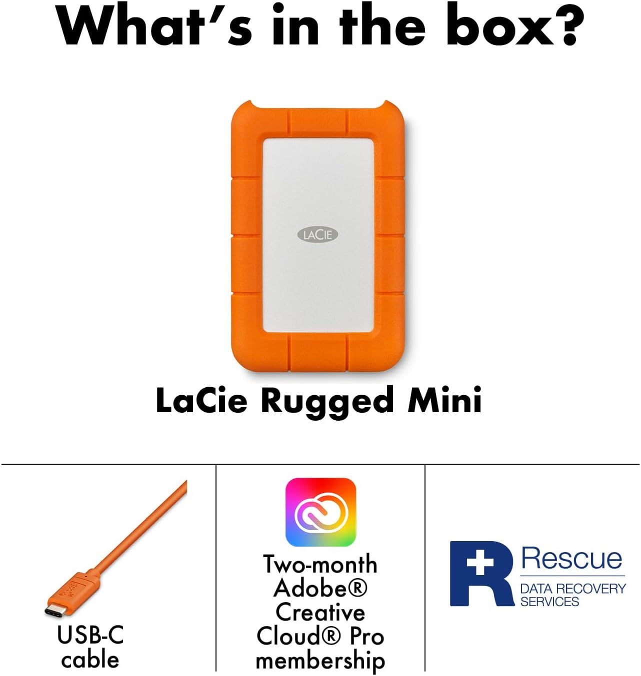 LaCie Rugged Mini, 1TB, 2.5", Portable External Hard Drive, for PC Mac iPad and iPhone, Data Rescue Service (LAC301558)
