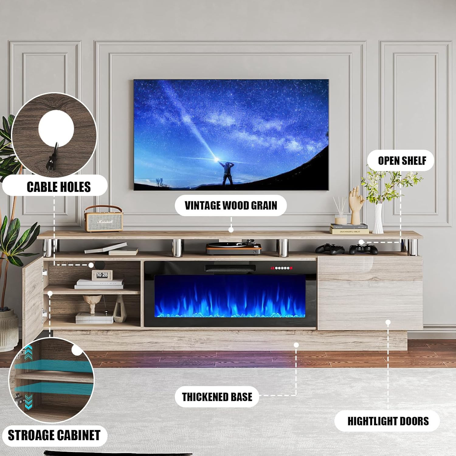 80" Modern Fireplace TV Stand with 36" Electric Fireplace for TVs Up to 90 inch, Luxury LED Light Entertainment Center with High Gloss Cabinet, TV Consoles for Living Room, Grey