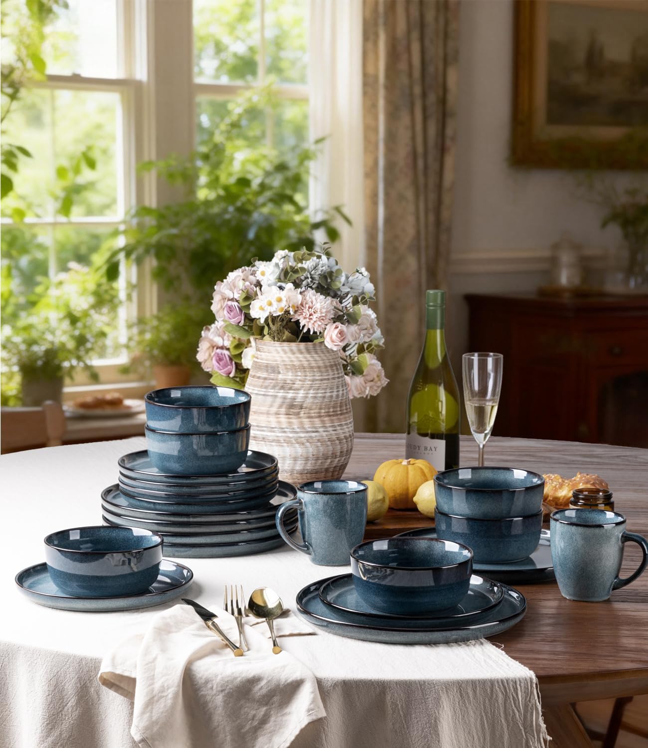 GBHOME Dinnerware Sets for 4, 12 Pieces Stoneware Plates and Bowls Sets, Scratch Resistant Ceramic Dishes, Dishwasher & Microwave Safe, Reactive Glaze-Blue Horizon