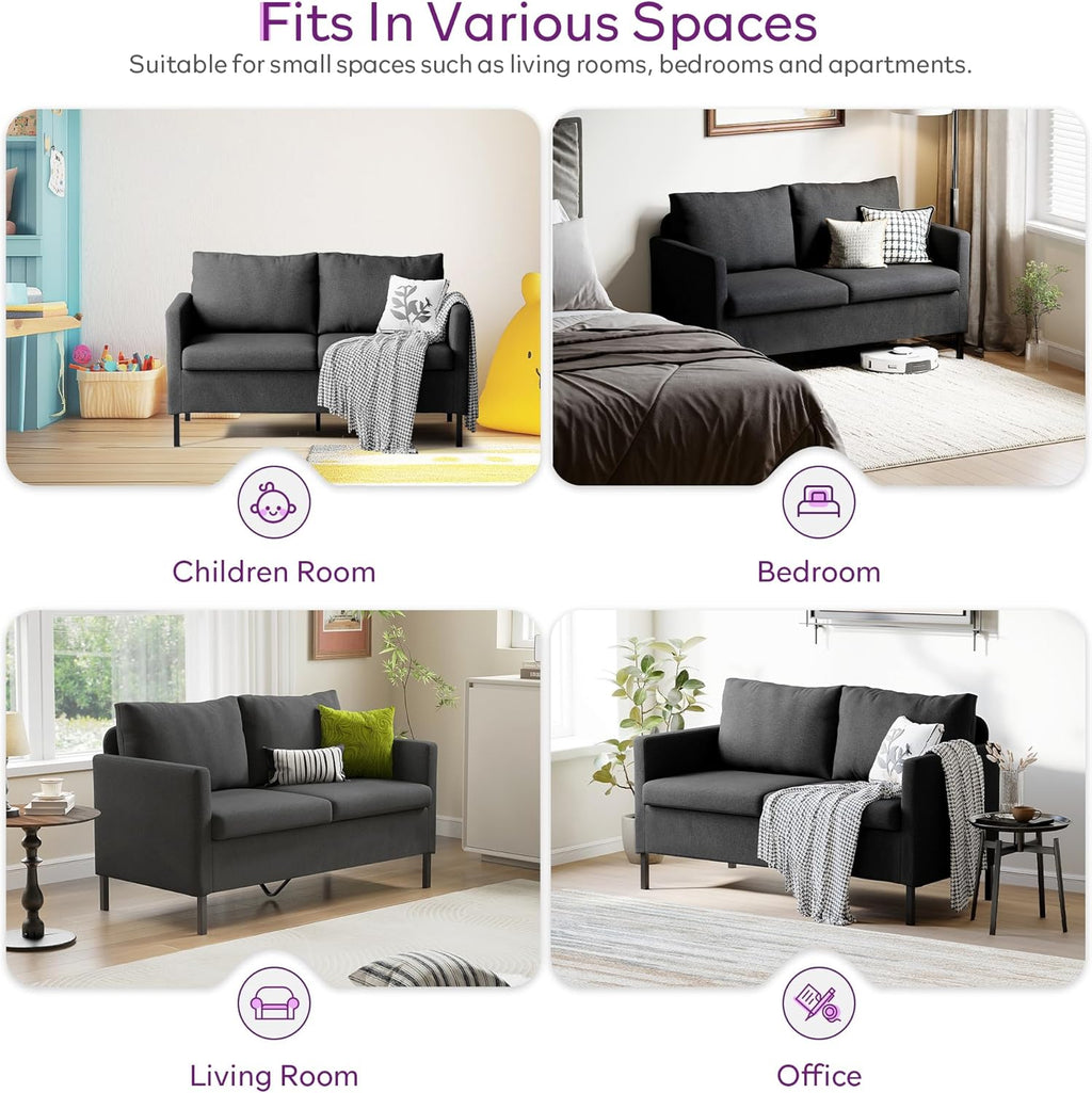 TYBOATLE Linen Fabric Modern Small Loveseat Sofa Couch for Living Room, 51" W Little Upholstered 2-Seater Mini Love Seats w/Iron Legs for Small Space, Apartment, Bedroom, Dorm, Office (Dark Grey)