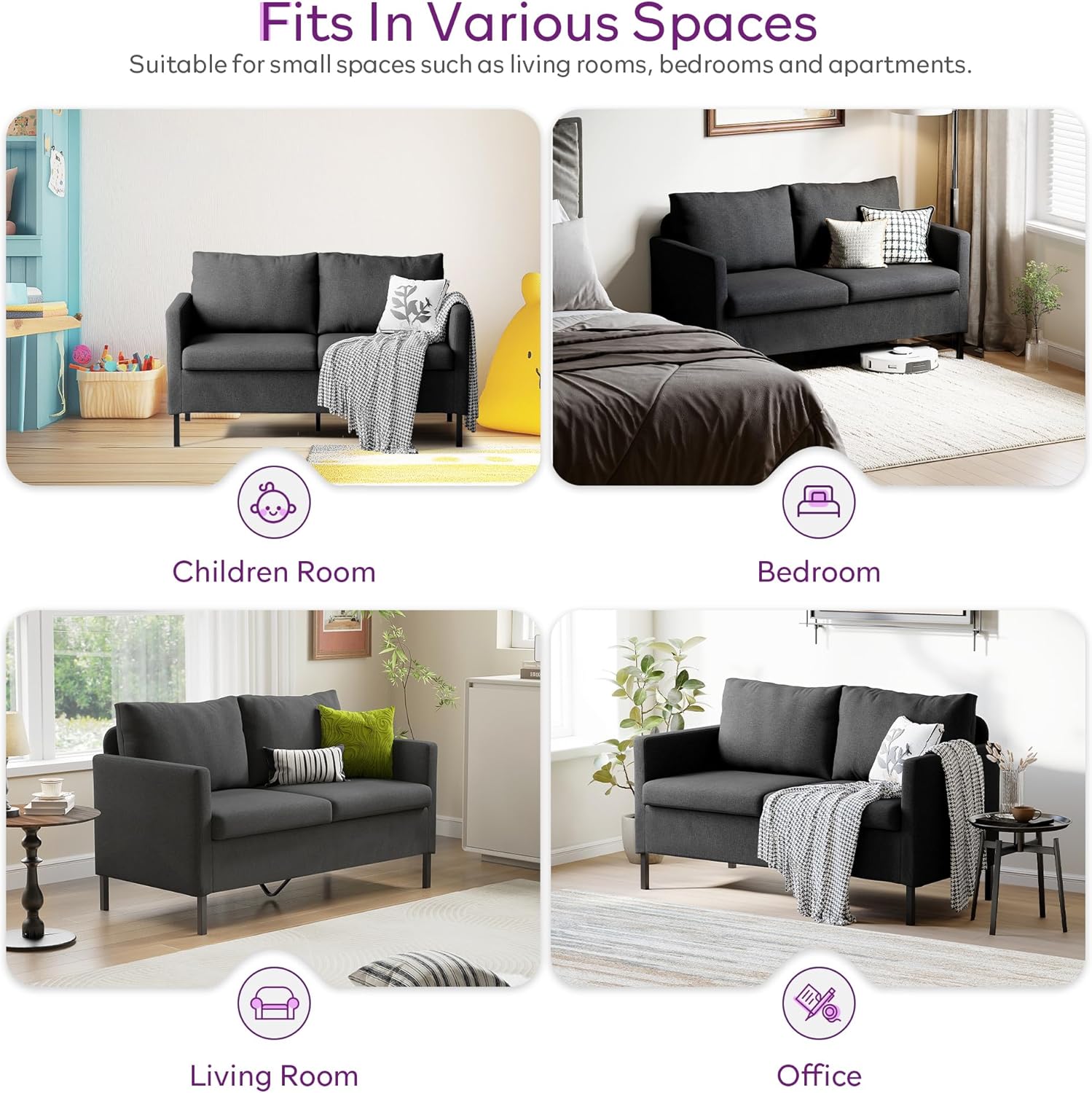 TYBOATLE Linen Fabric Modern Small Loveseat Sofa Couch for Living Room, 51" W Little Upholstered 2-Seater Mini Love Seats w/Iron Legs for Small Space, Apartment, Bedroom, Dorm, Office (Dark Grey)
