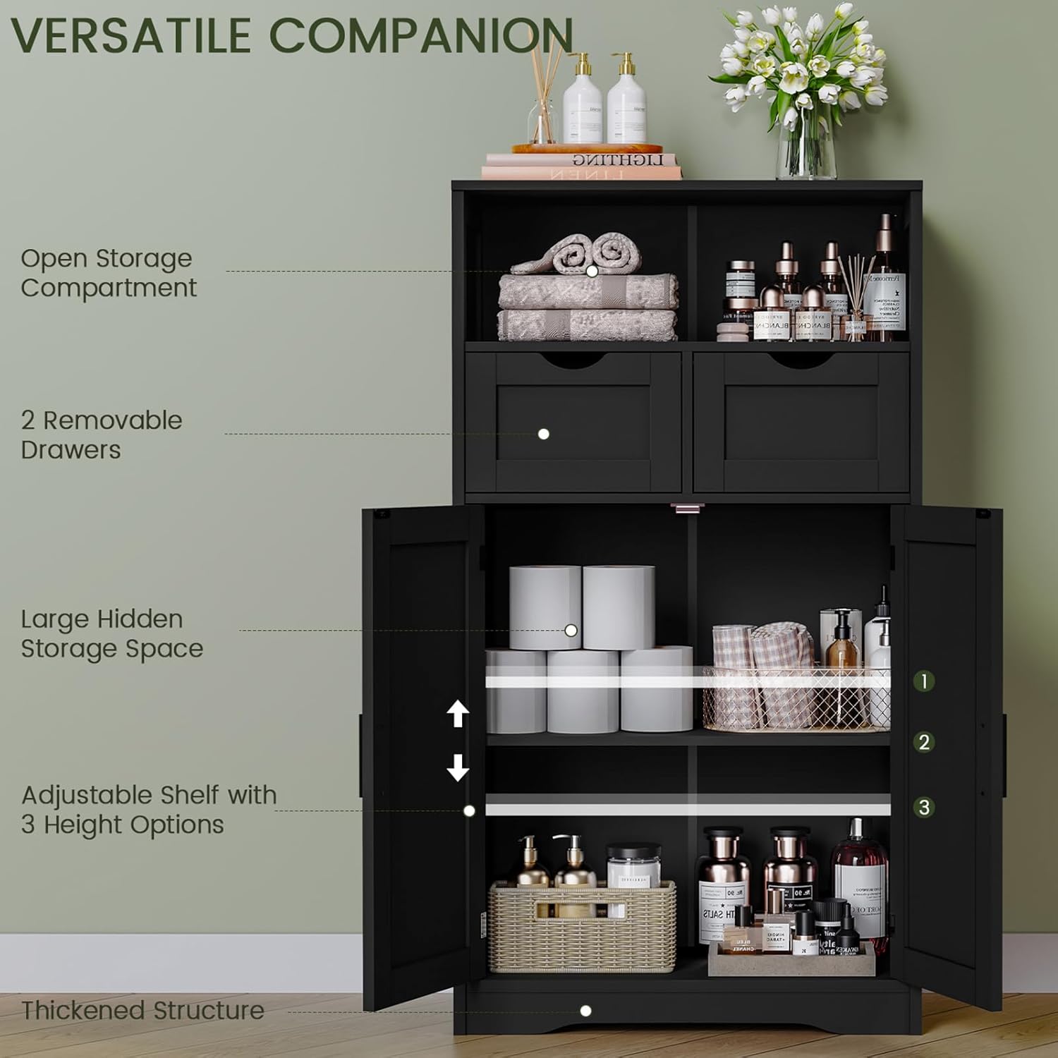 Iwell Storage Cabinet with Doors & Shelves, Kitchen Pantry Cabinet, Bathroom Cabinets for Living Room, Kitchen, Laundry, Black