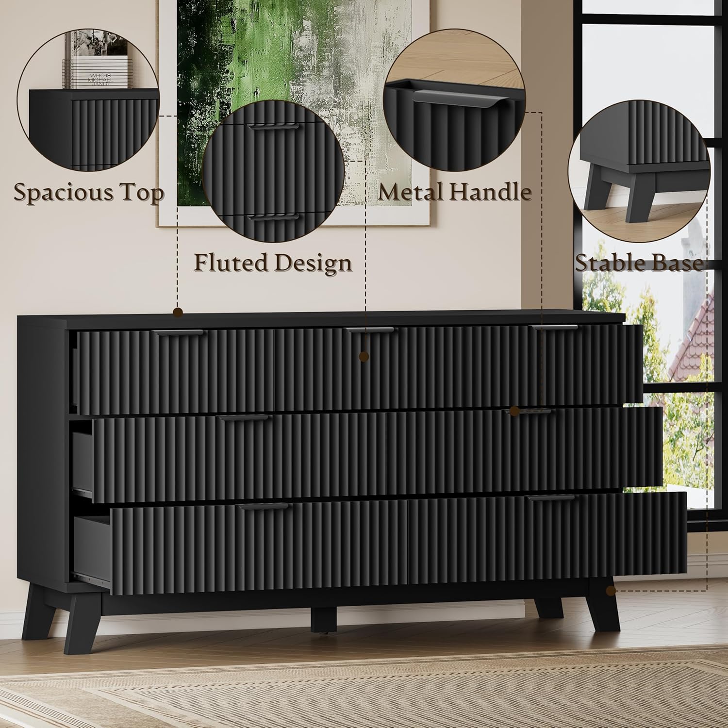 57" Long Dresser for Bedroom, 7-Drawer Fluted Chest, Wide Wood Storage Dresser with Metal Slides and Handles, Stable Base, Modern Clothes Organizer for Primary Suite, Guest Room, Nursery