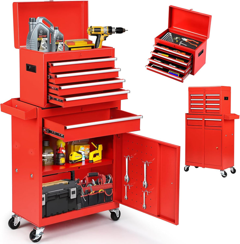 5-Drawer Rolling Tool Chest – 2-in-1 Lockable Tool Box with Wheels, Sliding Drawers & Detachable Top – Garage & Workshop Storage Cabinet, Red