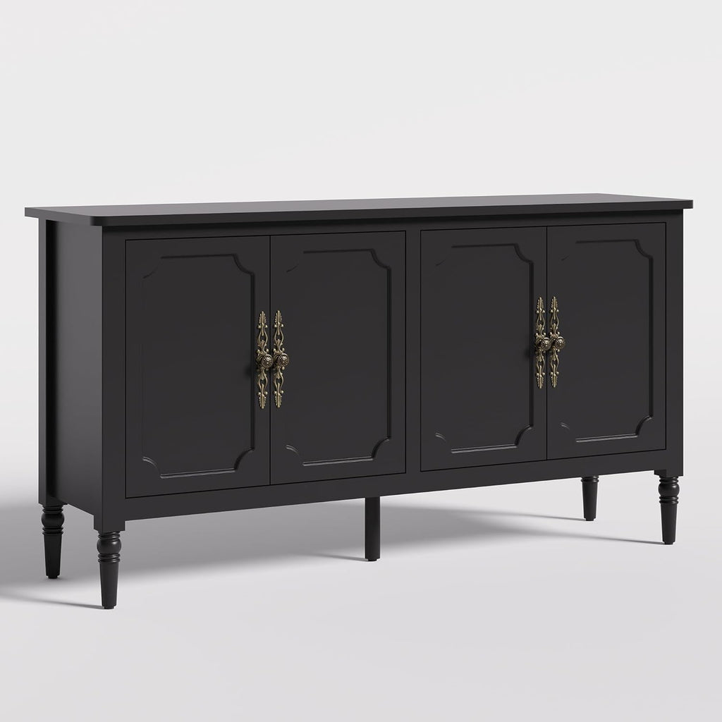 Console Table, 58'' Mid Century Modern Pantry Cabinet, Wood Buffet Sideboard, Media Credenza with 4 Doors, Accent Storage for Entryway, Living Room, Bedroom, Dining Room (Black)