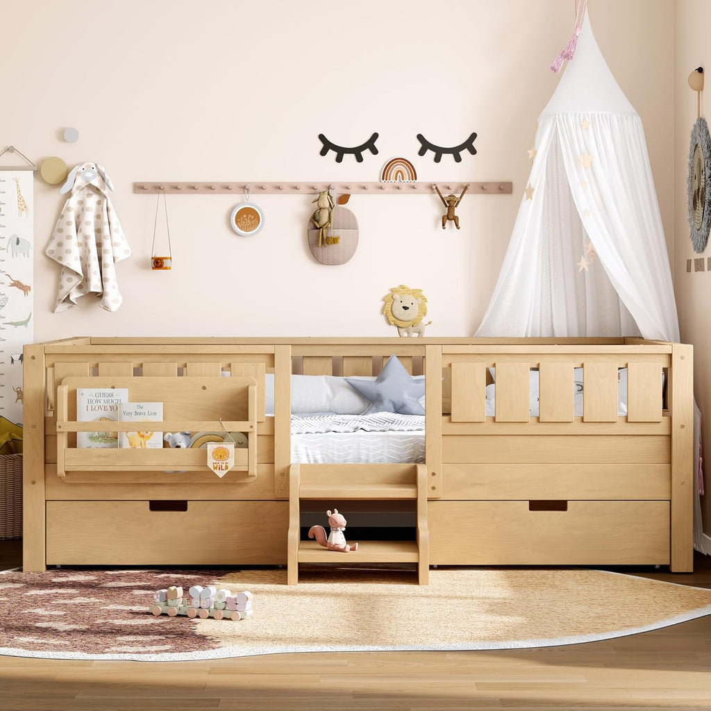 Bellemave Twin Size Bed with Slats and Stairs, Twin Size Platform Bed Frame with Fence, Bookshelf and Storage Drawers, Easy Assemble Beds for Girls, Boys, Light Natural