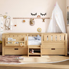 Bellemave Twin Size Bed with Slats and Stairs, Twin Size Platform Bed Frame with Fence, Bookshelf and Storage Drawers, Easy Assemble Beds for Girls, Boys, Light Natural